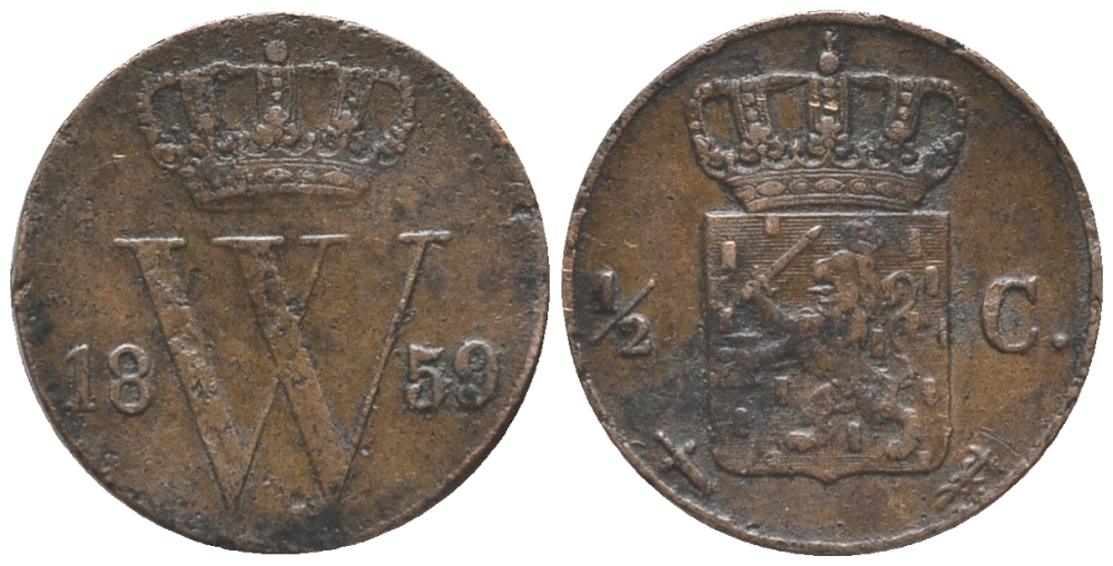 НИДЕРЛАНДЫ 1/2 ЦЕНТА 1859 ВИЛЬЯМ III (1849-1890) KM 90 медь 100-843