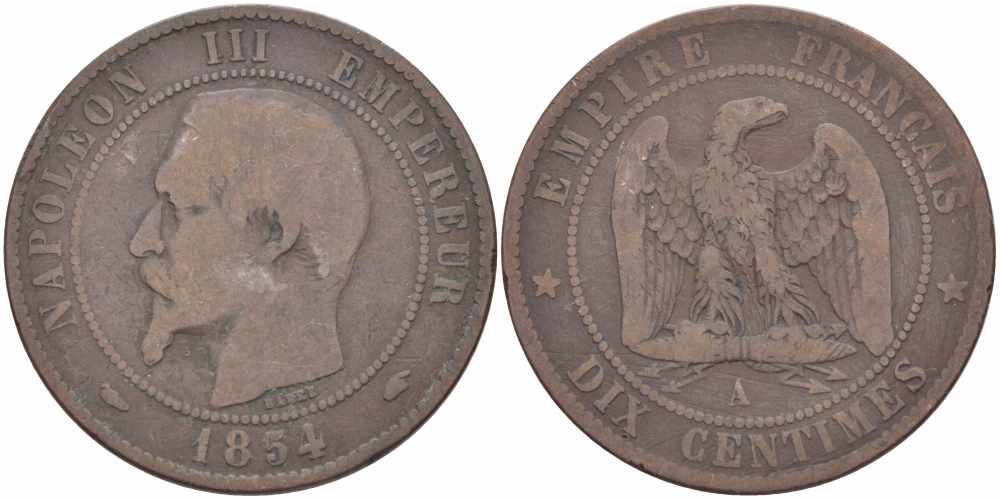 ФРАНЦИЯ 10 САНТИМОВ 1854 A, НАПОЛЕОН III (1852-1870) KM 771.1, LE FRANC 133.10 бронза 38-924