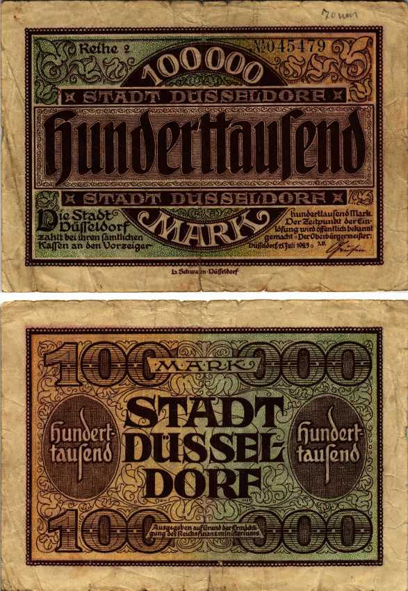 Германия, Дюссельдорф 100000 марок 1923 15 июля 1923, нотгельд, REIHE 2   бумага   444-145-1-1