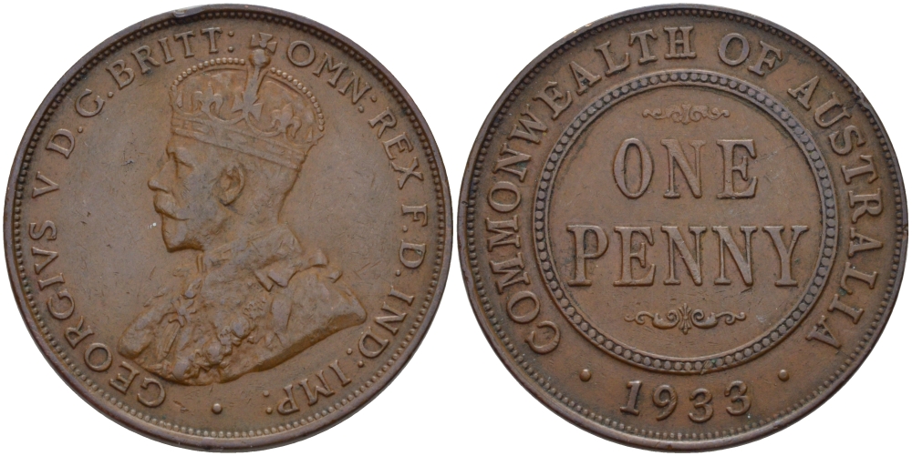 АВСТРАЛИЯ 1 ПЕННИ 1933 ГЕОРГ V (1910-1936) KM 23 бронза 82-733