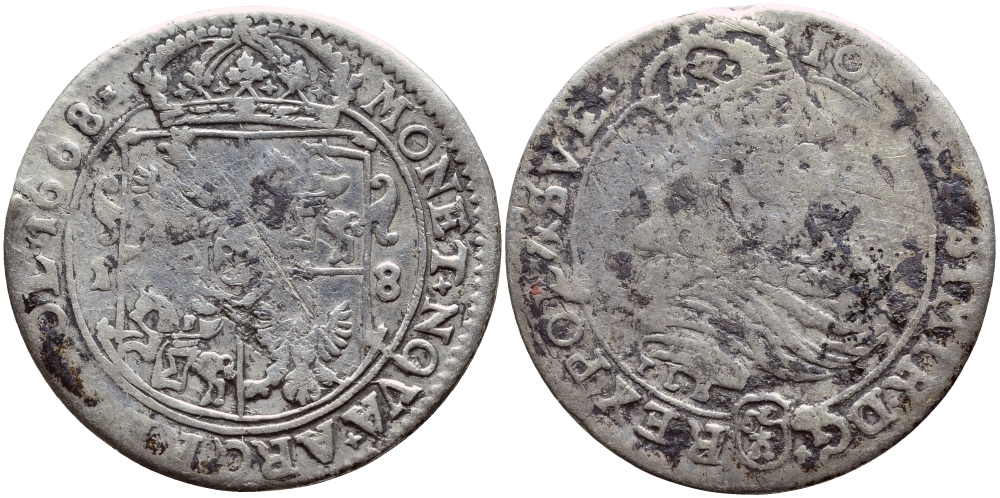 ПОЛЬША 18 ГРОШЕЙ 1668 ЙОХАН КАЗИМИР (1649-1668) KM 88.4 серебро 3896-744