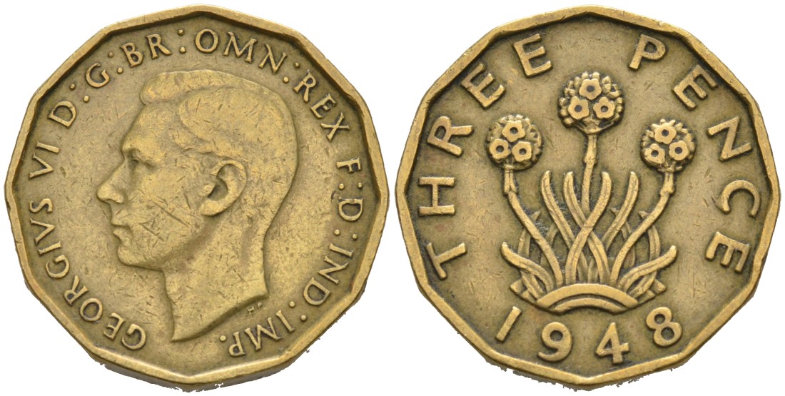 Великобритания 3 пенса 1948 Георг VI (1937-1952) KM 849, Spink 4112 никель латунь 4561-1013