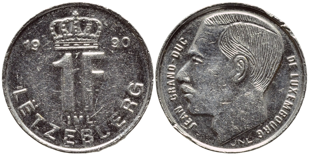 Люксембург 1 франк 1990 Герцог Жан (1964-1999) KM 63 сталь плакированная никелем 4396-1143