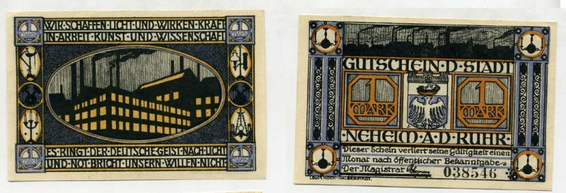 НЕХАЙМ-НА-РУРЕ 1 МАРКА 1922 НОТГЕЛЬД Grabowski 931.1a бумага 51-3211