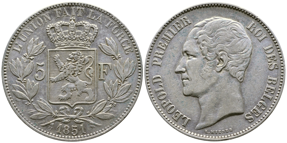 Бельгия 5 франков 1851 Леопольд I (1831-1865) KM 17 серебро 00-1067-5-32