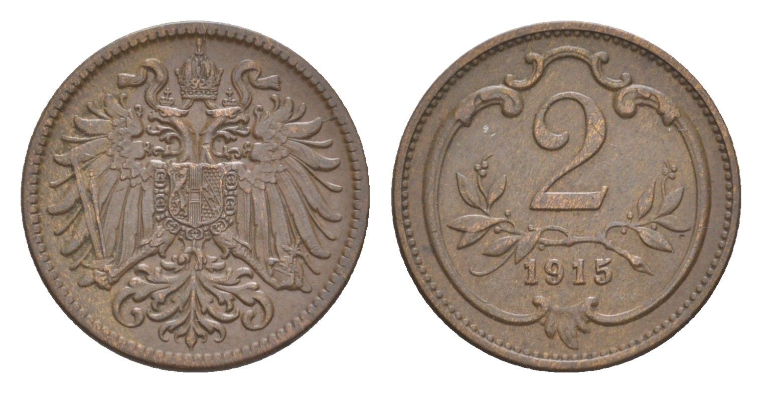 Австрия 2 геллера 1915 Франц Иосиф I (1848-1916) KM 2801 бронза 4639-1031