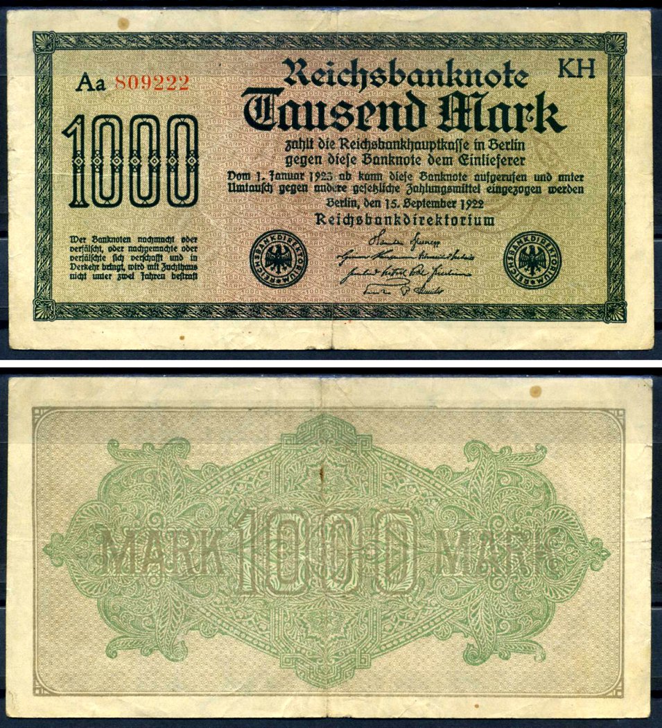 Германия 1000 марок 1922 выпуск 15 сентября 1922, водяной знак H, белая бумага, серия KH, буква Aa Pick 76 f (1) бумага 8592-54-3-2