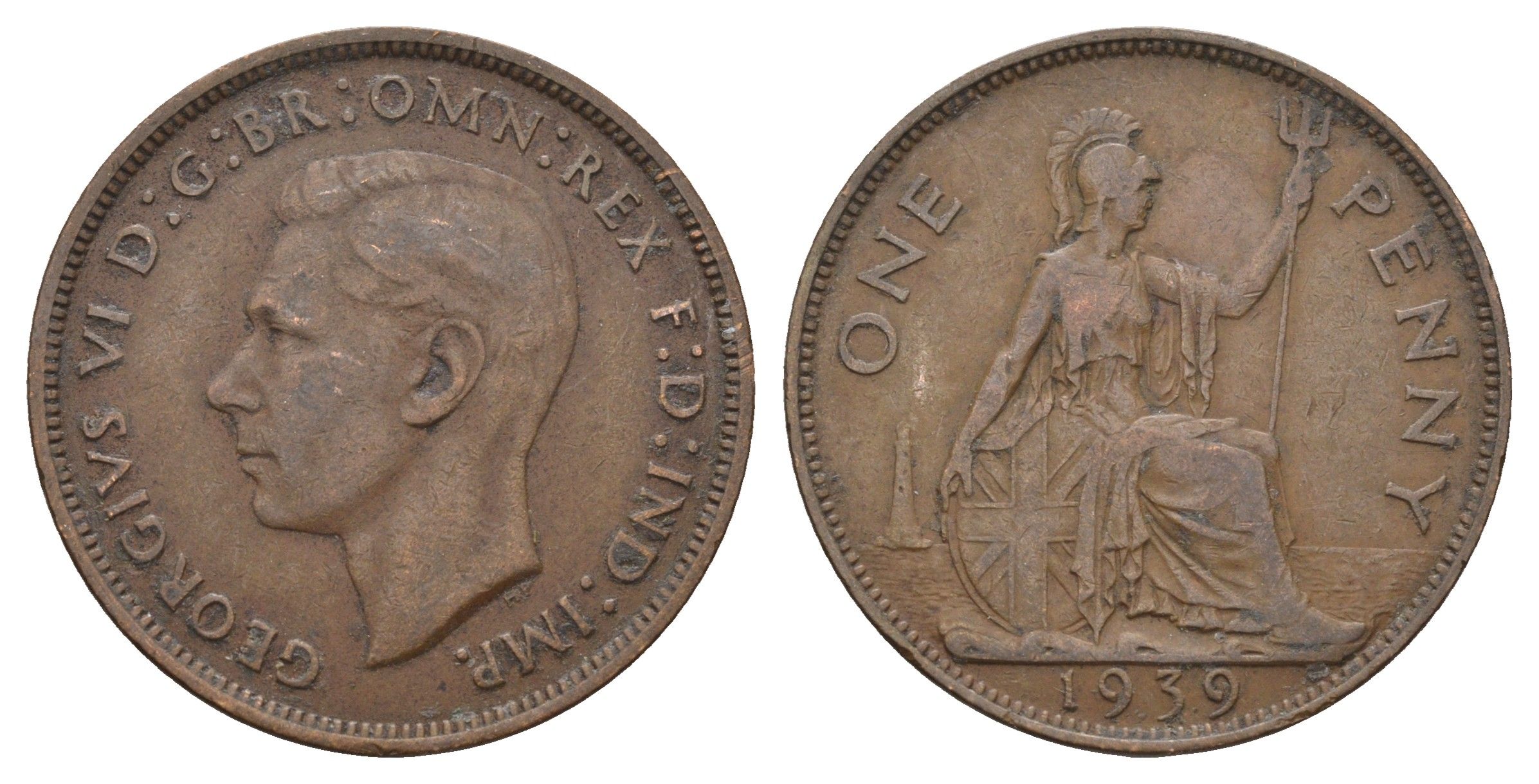 Великобритания 1 пенни 1939 Георг VI (1936-1952) KM 845, Spink 4114 бронза 4692-722