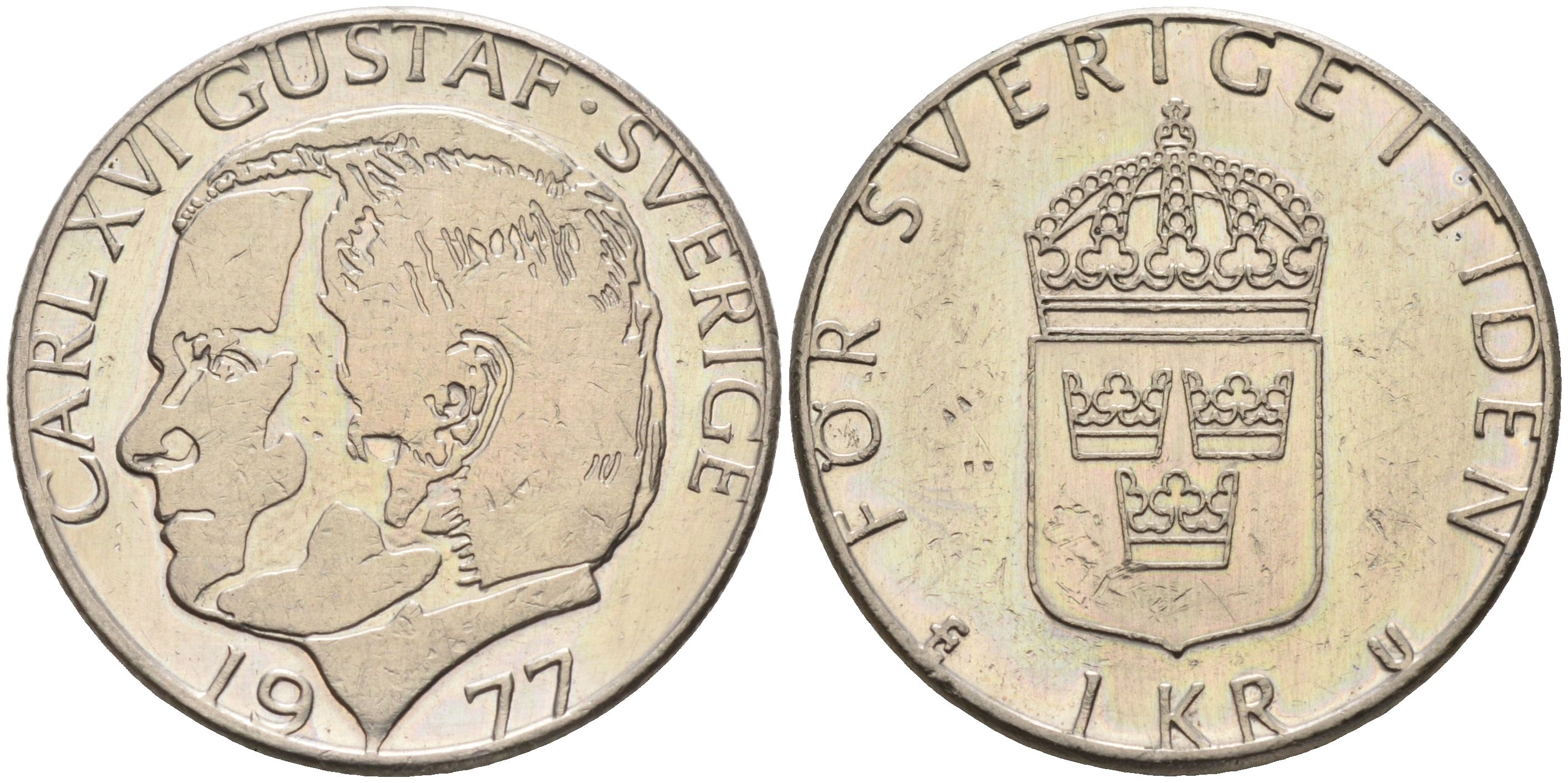 Швеция 1 крона 1977 U, Карл XVI Густав (1973- ) КМ 852 медь плакированная медно-никелем 4177-152