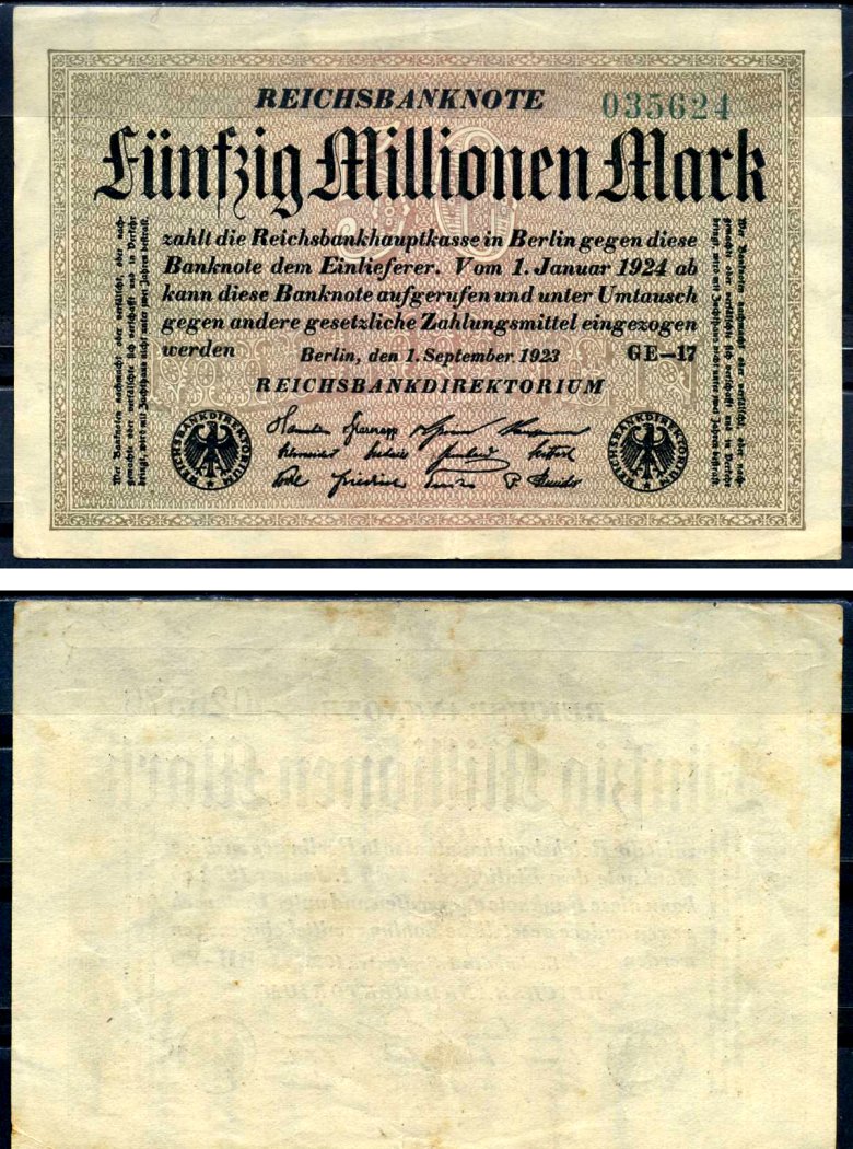 Германия 50000000 марок 1923 1 сентября 1923 Pick 109 b (3) бумага 7552-73-2-1