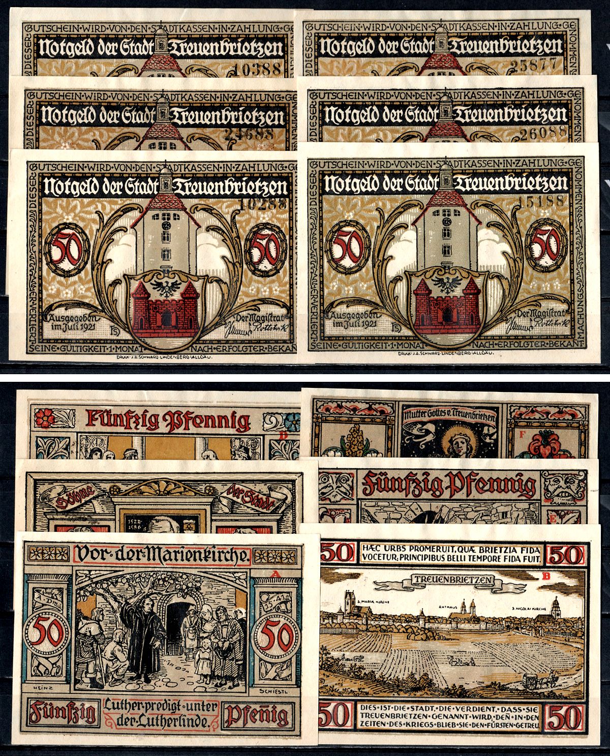 Тройенбрицен (Пруссия, Бранденбург) набор из 6 нотгельдов 1921 7555-4-4-2