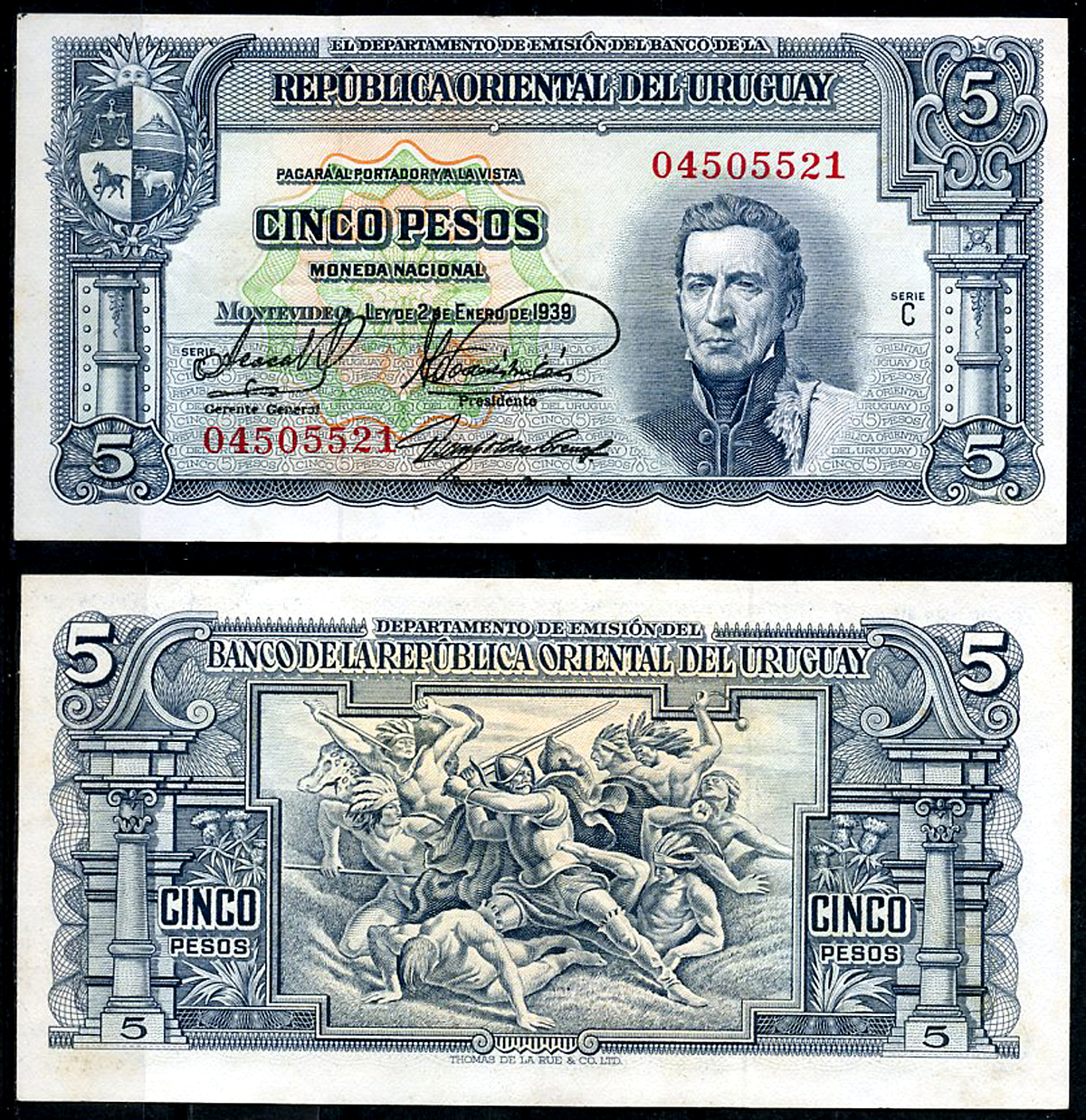 Уругвай 5 песо 1939 Хосе Хервасио Артигас, конкистадор, сражающийся с индейцами, серия С Pick 36 b (1)  бумага 444-43-2-1