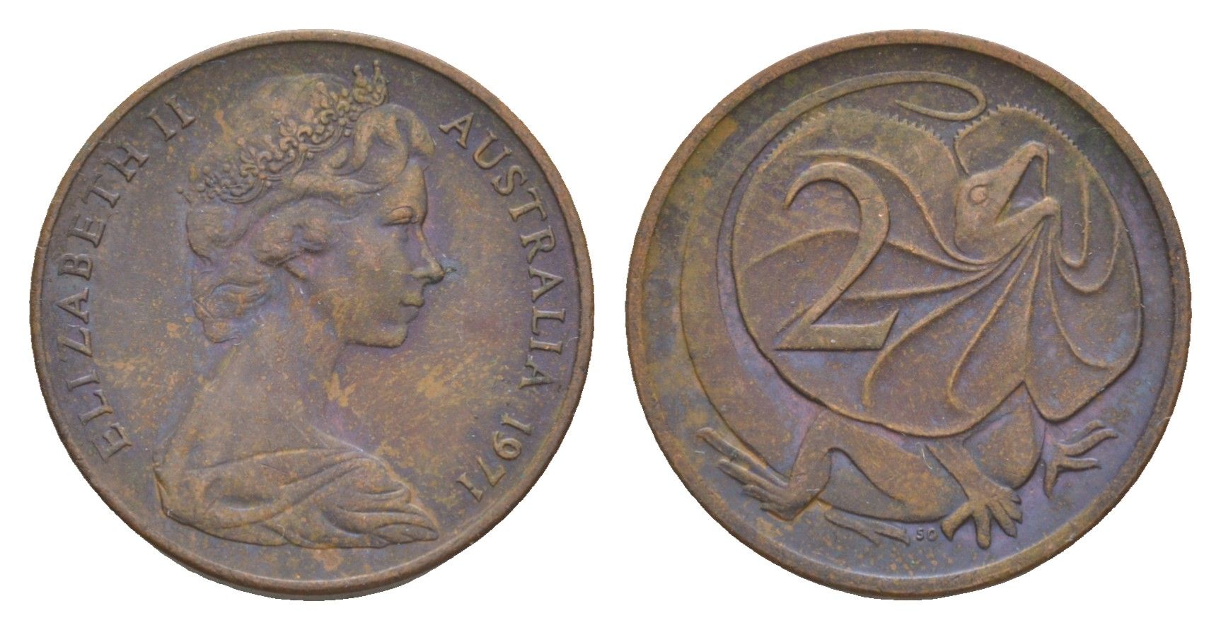 Австралия 2 цента 1971 Елизавета II (1952-2022), плащеносная ящерица KM 63 бронза 4655-1234