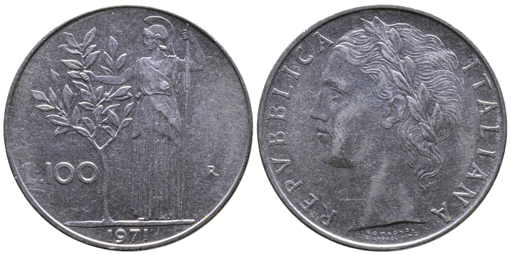 Италия 100 лир 1971 R, Афина KM 96.1 нержавеющая сталь 4557-733