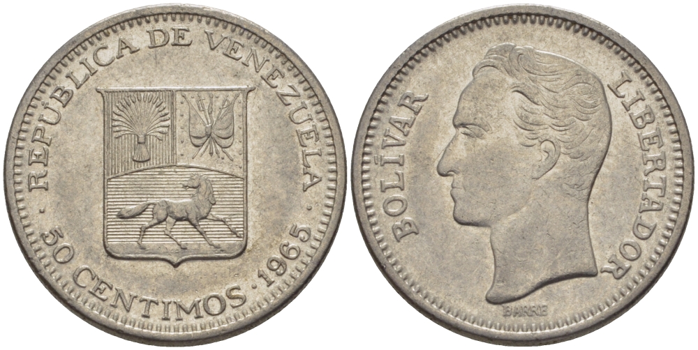 Венесуэла 50 сентимо 1965 Симон Боливар KM 41, Schon 51 никель 31-513