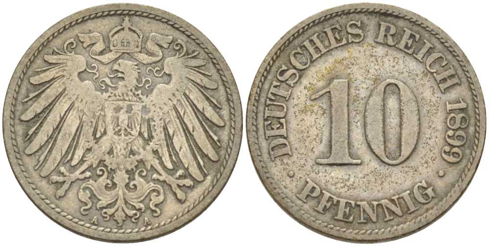 ГЕРМАНИЯ 10 ПФЕННИГОВ 1899 A KM 12, J. 13, Weege 8  медно-никель 212-732