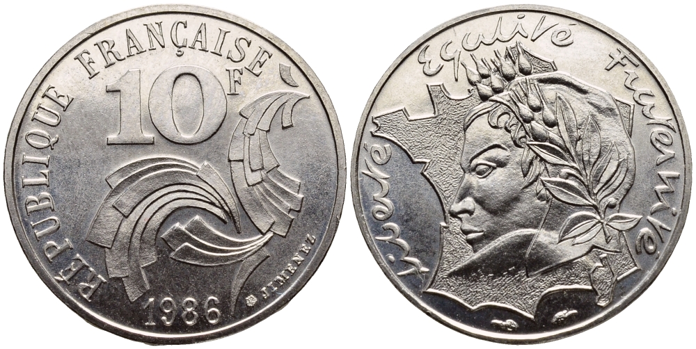 ФРАНЦИЯ 10 ФРАНКОВ 1986 РЕСПУБЛИКА KM 959 никель 4393-1155