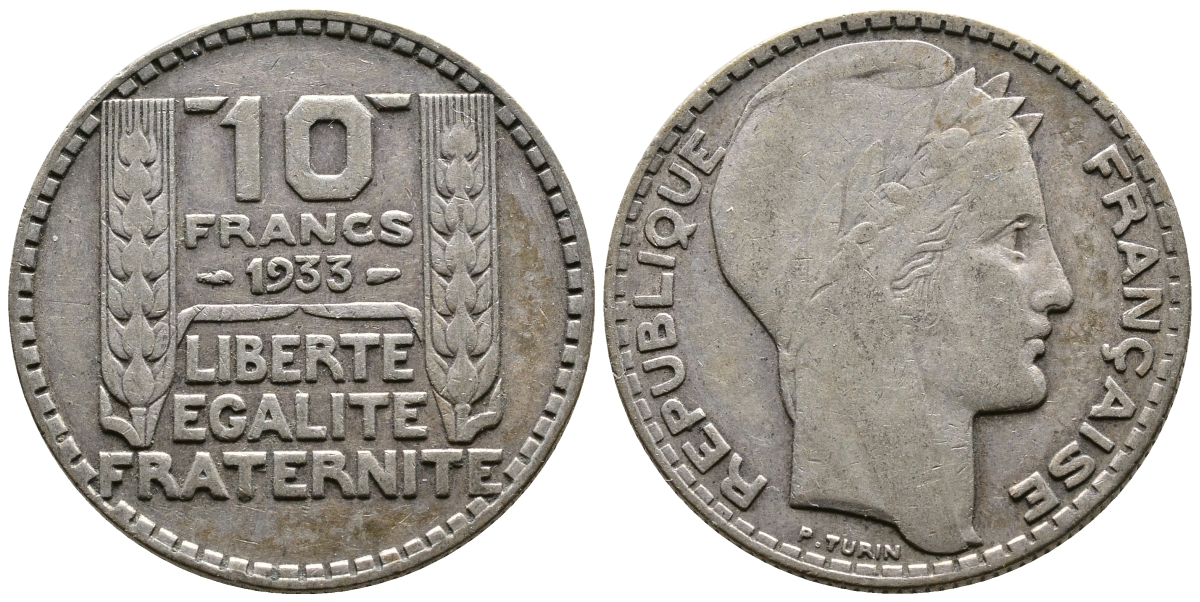 Франция 10 франков 1933 Пьер Тюрен KM 878, Le Franc 360.6 серебро 63-737