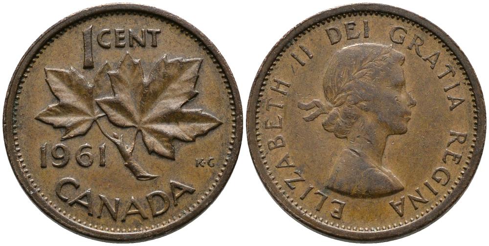 КАНАДА 1 ЦЕНТ 1961 КЛЕНОВЫЙ ЛИСТ, ЕЛИЗАВЕТА II (1952-) KM 49 бронза 4549-356