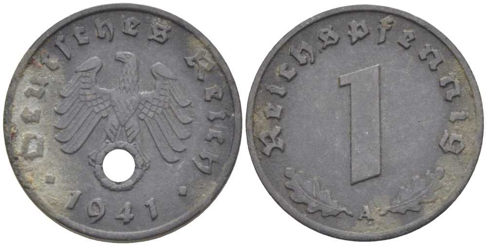 ГЕРМАНИЯ 1 РЕЙХСПФЕННИНГ 1941 A KM 97, J.369 цинк 201-961