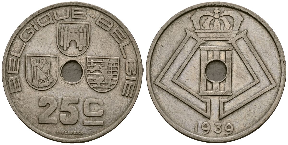 Бельгия 25 сантимов 1939 Belgique - Belgie KM 114 никель латунь 4382-445