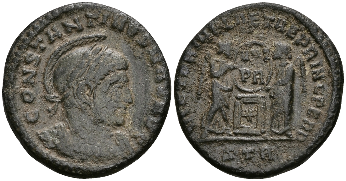 Римская Империя нуммий 319 Константин I Великий VICTORIAE LAETAE PRINC PERP Августа Треверов Good Very fine (степень редкости R3) RIC 216 бронза 270-933