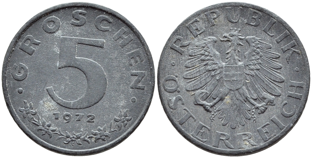 АВСТРИЯ 5 ГРОШЕЙ 1972 KM 2875 цинк 46-1033