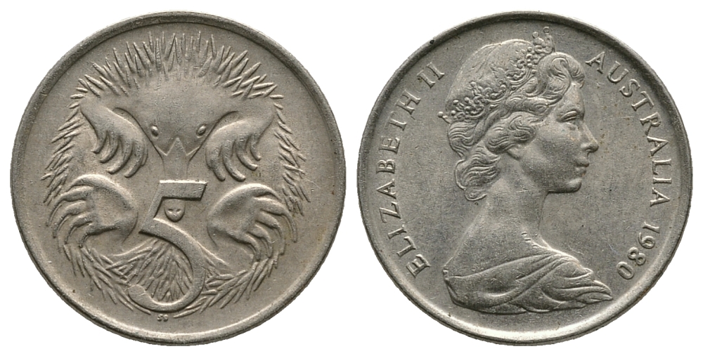 АВСТРАЛИЯ 5 ЦЕНТОВ 1980 ЕЛИЗАВЕТА II, МОЛОДОЙ ПОРТРЕТ, ЕХИДНА KM 64 медно-никель 89-1443