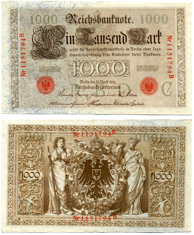 Германия 1000 марок 1910 21 апреля 1910, Буква C, номер семизначный, серия В, выпуск (04-08.1919) Pick 44, Розенберг 45а бумага 8618-3-1-1