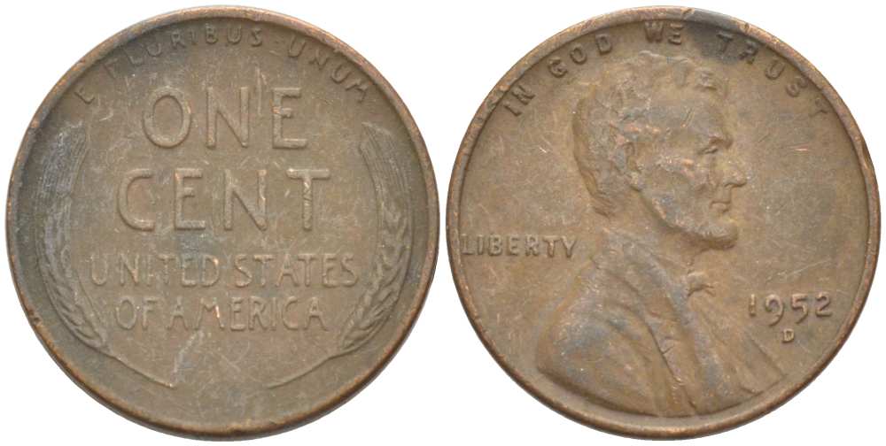 США 1 ЦЕНТ 1952 D, ЛИНКОЛЬН KM А132 медь цинк 218-966