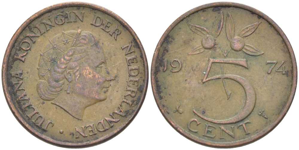 НИДЕРЛАНДЫ 5 ЦЕНТОВ 1974 ЮЛИАНА (1948-1980) KM 181 бронза 213-1124