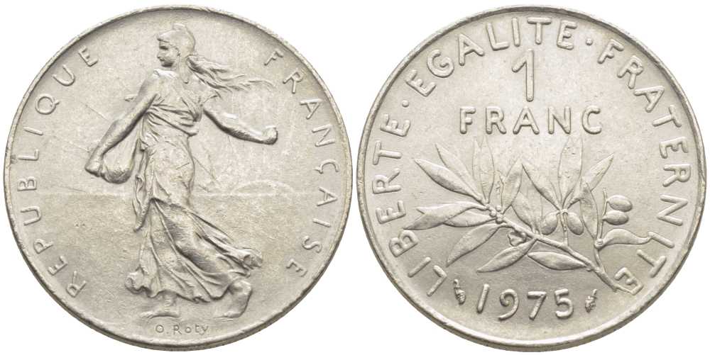 ФРАНЦИЯ 1 ФРАНК 1975 СЕЯТЕЛЬ KM 925.1, LE FRANC 226.20 никель 175-534