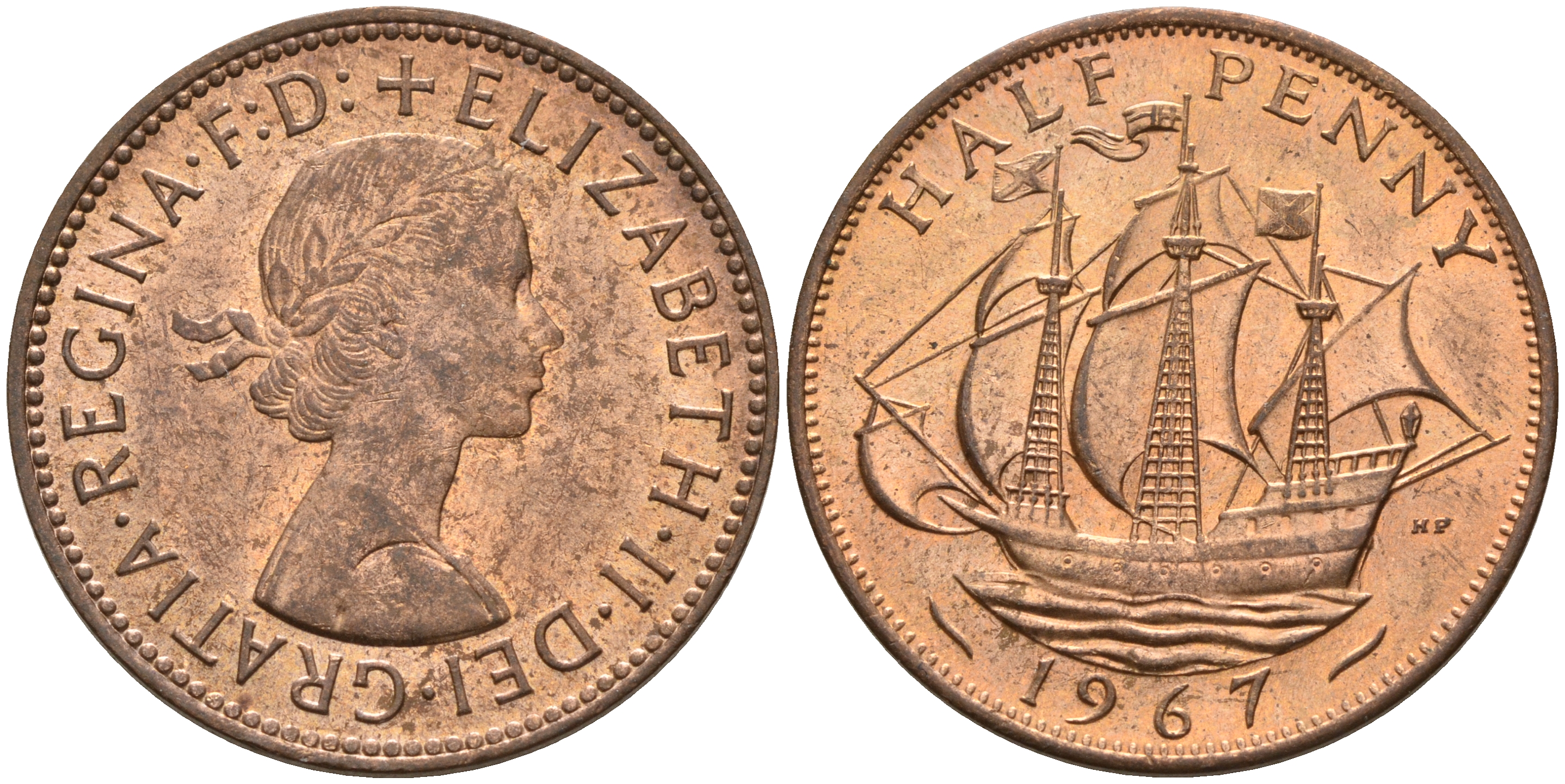 Великобритания 1/2 пенни 1967 Елизавета II (1952-2022) KM 896, Spink 4158 бронза    4161-841