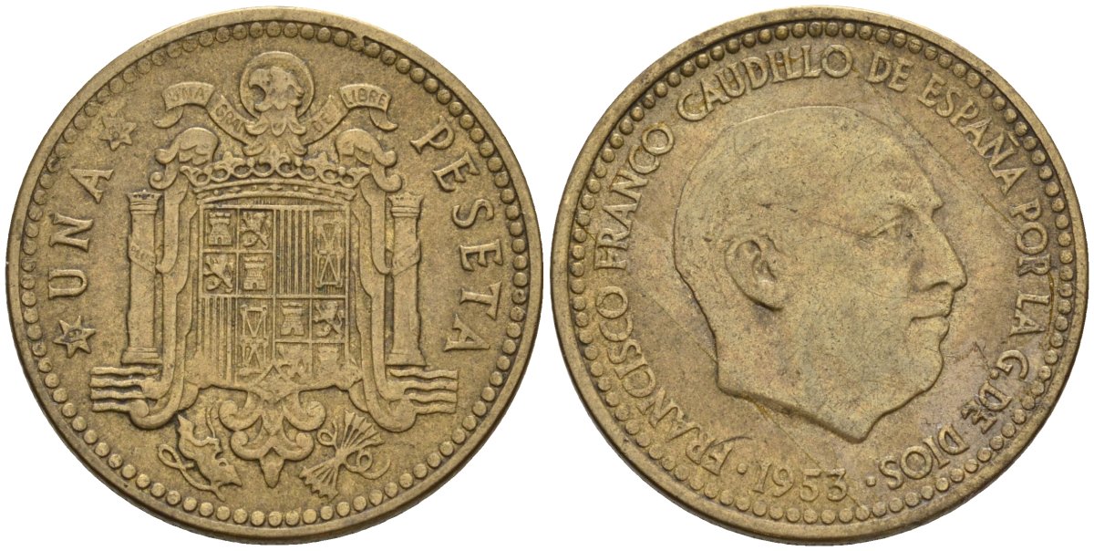 Испания 1 песета 1953 (62) Франсиско Франко (1939-1975) KM 775 алюминиевая бронза 4605-754