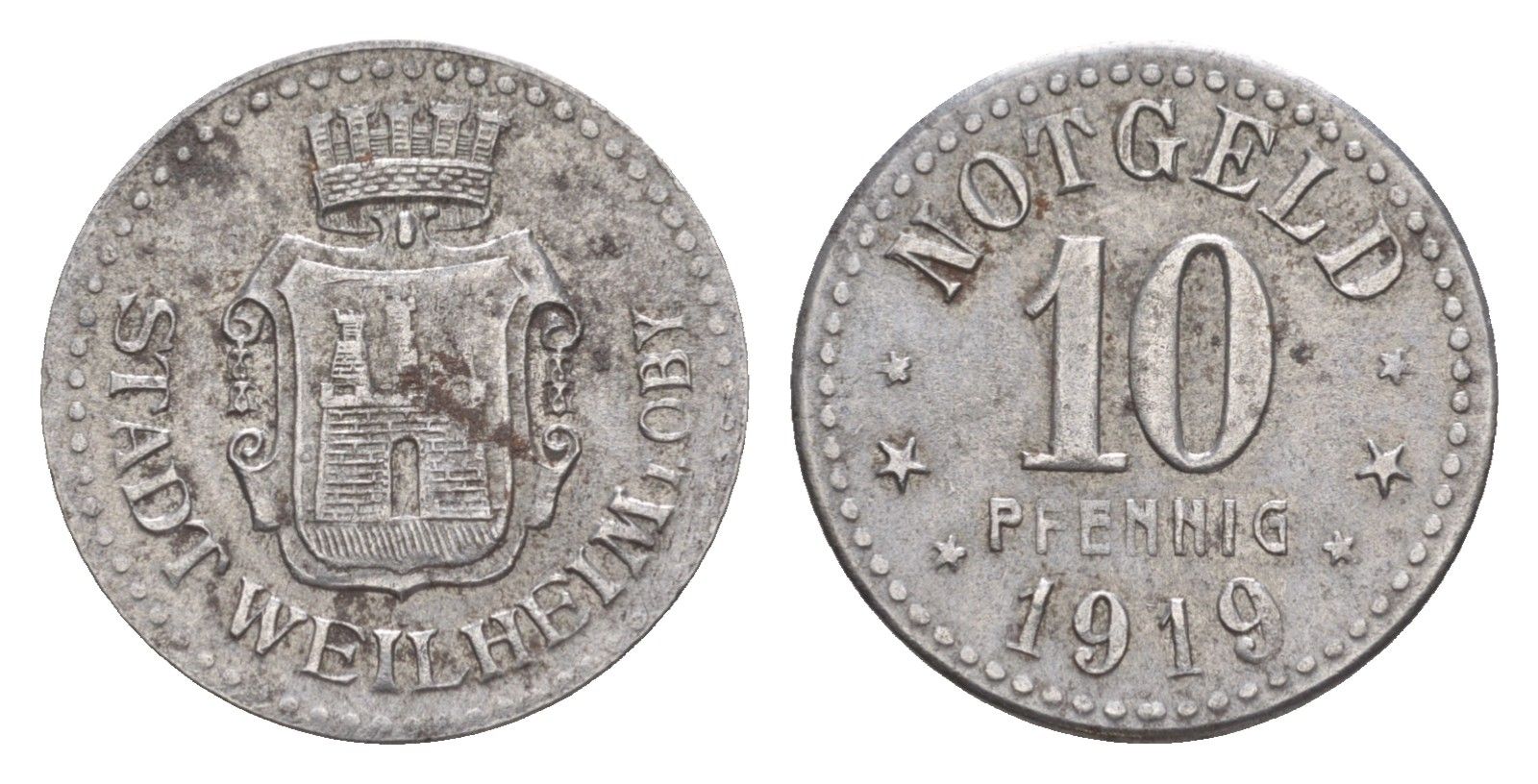 Вайльхайм 10 пфеннигов 1919 Funck 585.6, Men18 33058.3 железо 1527-1421