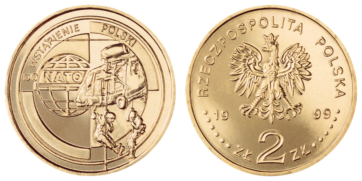 Польша 2 злотых 1999 MW, вступление Польши в НАТО KM 357 нордик  UNC  4521-432