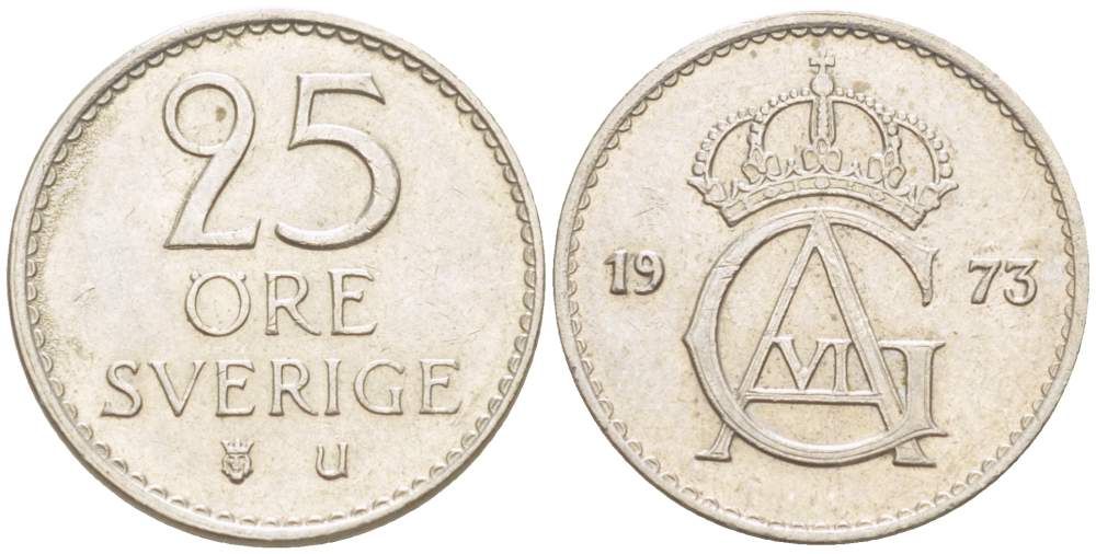 Швеция 25 эре 1973 U, Густав VI Адольф (1950-1973) KM 836 медно-никель 4516-942