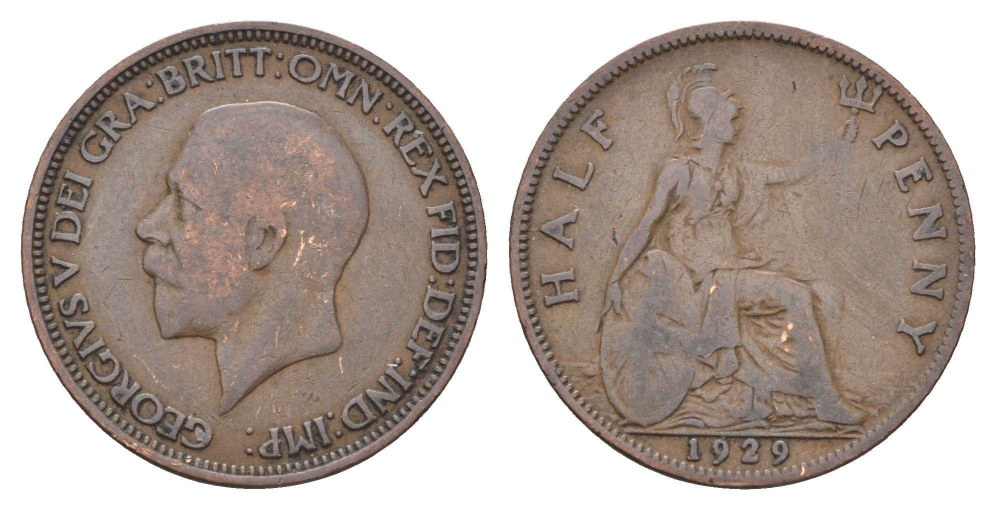 Великобритания 1/2 пенни 1929 Георг V (1910-1936) KM 837, Spink 4058 бронза    4660-551