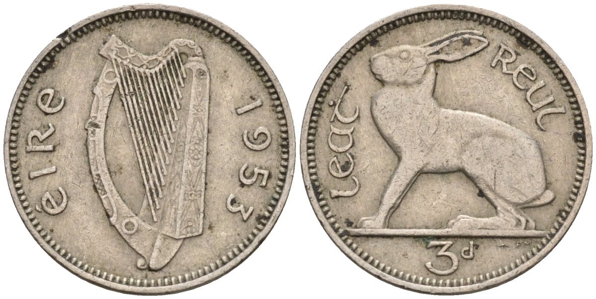 Ирландия 3 пенса 1953 заяц KM 12a медно-никель 4596-1064