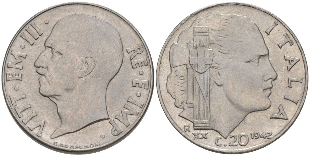 ИТАЛИЯ 20 ЧЕНТЕЗИМО 1942 R, ГОД XX, ВИКТОР ЭММАНУИЛ III (1900-1946), МАГНИТНАЯ, ГУРТ РИФЛЁНЫЙ KM 75b, VEM3. 1029 нержавеющая сталь 3853-447