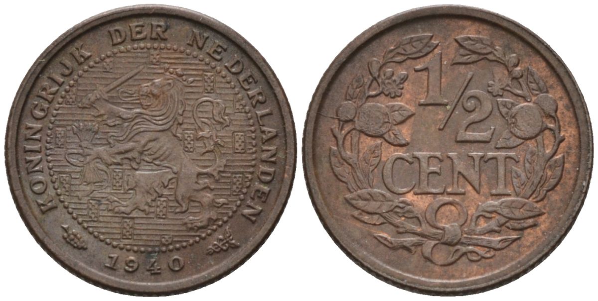 Нидерланды 1/2 цента 1940 Вильгельмина (1890-1948) KM 138 бронза 4588-1045