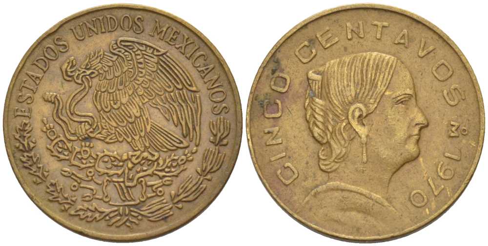 Мексика 5 сентаво 1970 Жозефа Ортис де Домингес KM 427 латунь 105-865