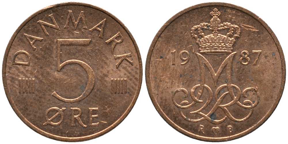 ДАНИЯ 5 ЭРЕ 1987 R; B, МАРГРЕТЕ II (1972-) KM 859.3 железо плакированное медью 116-211