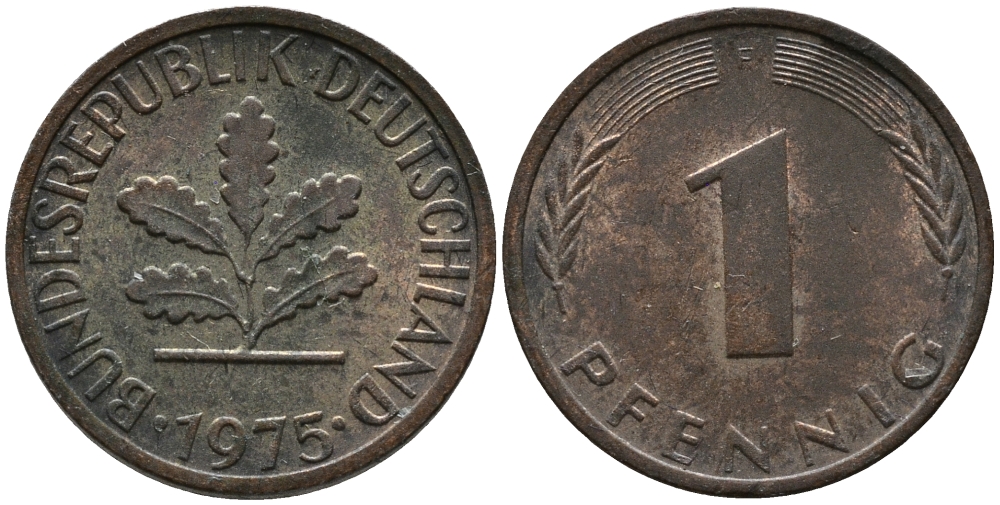 ФРГ 1 пфенниг 1975 F KM 105, J.380 сталь плакированная медью 99-329