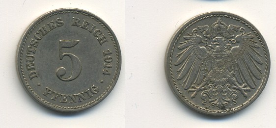 ГЕРМАНИЯ 5 ПФЕННИГОВ 1914 J, KM 11, J. 12 медно-никель 54-654