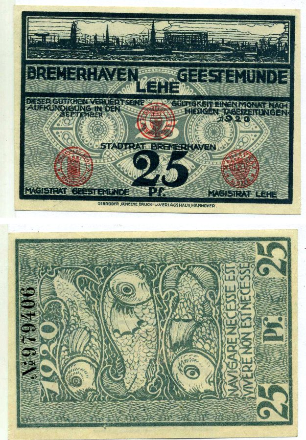 Бремерхафен 25 пфеннигов 1920 сентябрь 1920, нотгельд, земля Бремен Grabowski B86.3 бумага 2195-5-1-1