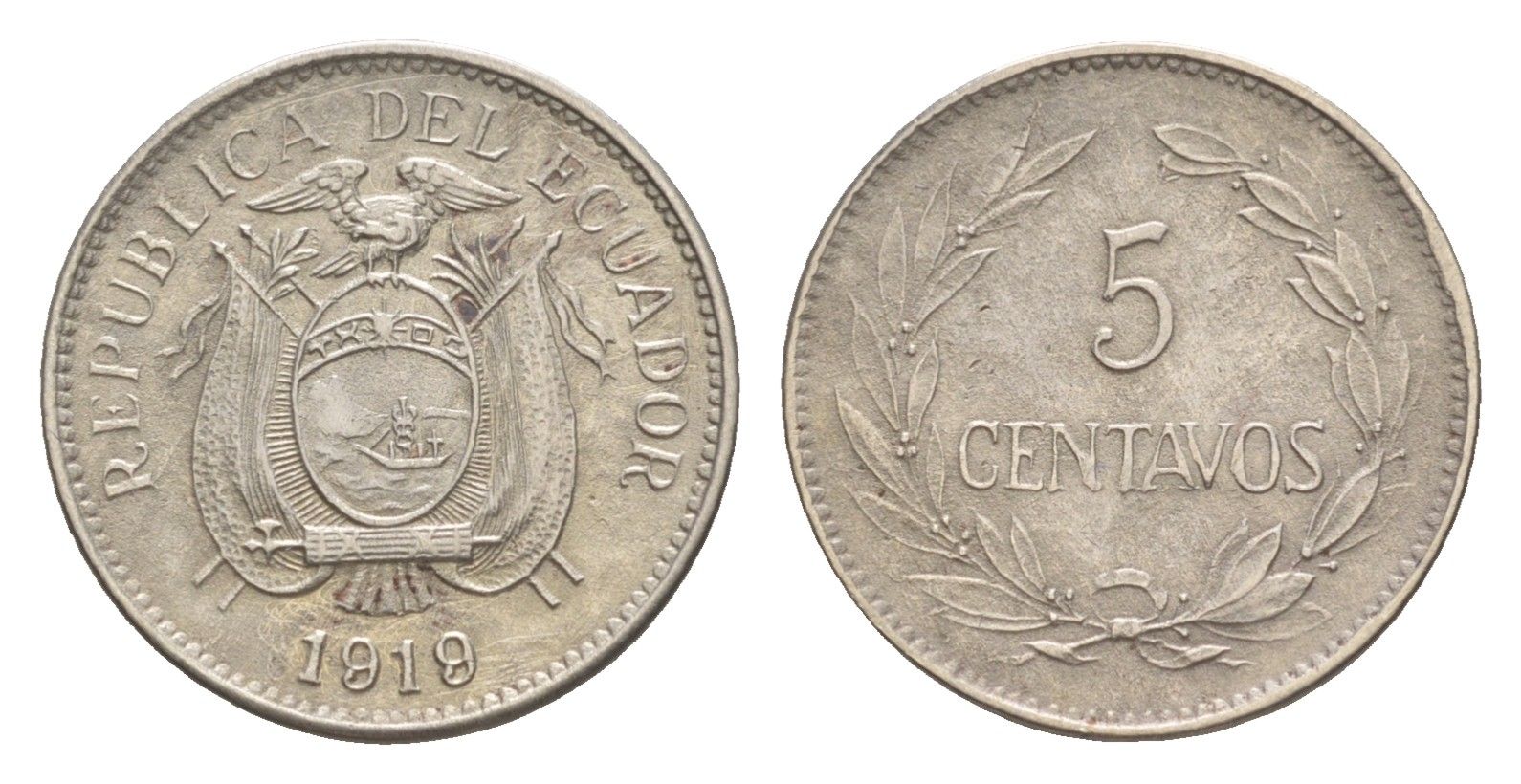 Эквадор 5 сентаво 1919 KM 63 медно-никель 1528-1343