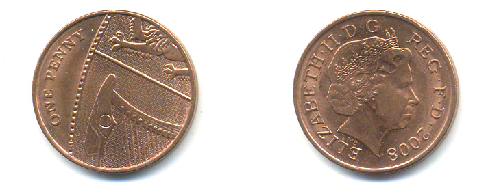 Великобритания 1 пенни 2008 Елизавета II (1952-2022) KM 1107, Spink B6 сталь плакированная медью 177-1145