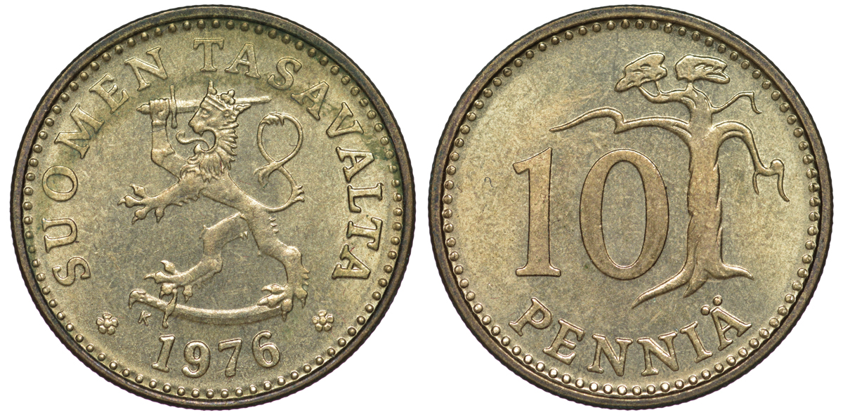 ФИНЛЯНДИЯ 10 ПЕННИ 1976 K KM 46 алюминиевая бронза 3334-1133
