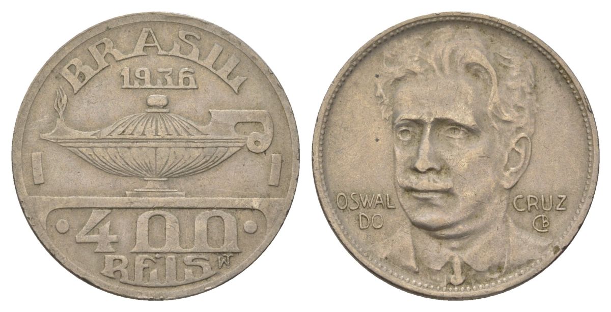 Бразилия 400 реалов 1936 Освалду Крус KM 539 медно-никель 4624-1227